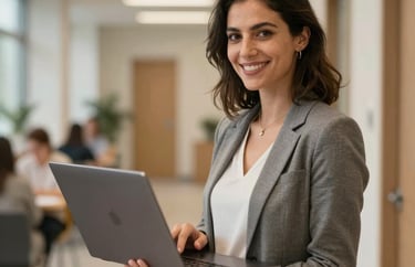 A female educational coordinator standing in a modern hallway of a learning center, holding a laptop, warm smile, Anatolian professional style, soft lighting.