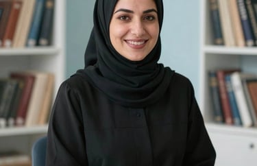Portrait of a female mathematics tutor smiling warmly, dressed in professional Anatolian modest attire, sitting in a bright office with shelves of books, soft daylight, pale ice blue background.