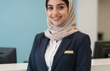 Portrait of a young administrative assistant in a bright reception area, smiling, modern Middle Eastern professional attire, sky blue background elements.