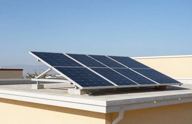 Modern solar panels installed on a clean architectural rooftop in Cali, bright daylight, blue sky