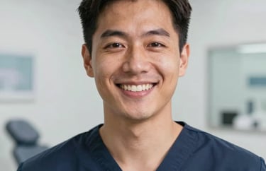 A professional headshot of a person in professional medical scrubs, smiling in a clean and bright optical clinic setting, North American style.