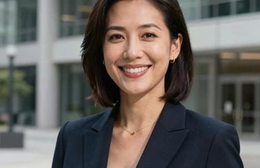 A professional headshot of a woman in a dark navy business suit, smiling confidently in a modern architectural building in Indiana.