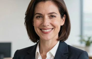 A professional headshot of a woman in business attire, smiling warmly in a bright office environment, North American / US / Indiana setting, clean background.