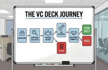 Flowchart showing venture capital pitch deck journey stages