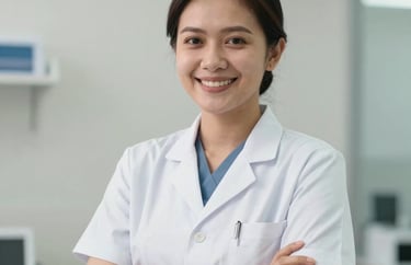 Portrait of an Indonesian health consultant in a professional clinic setting, smiling with confidence, soft lighting and clean background.
