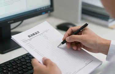 Close-up of a Southeast Asian professional handling medical records on a computer, focus on the hands and screen in a clean, professional office environment.