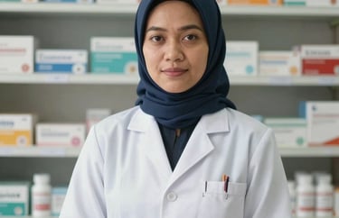 Portrait of an Indonesian female pharmacist in a clean professional uniform standing in front of organized medicine shelves, soft natural light.