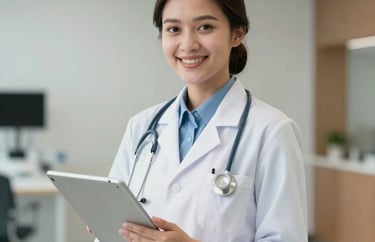 Portrait of an Indonesian clinical staff member holding a tablet, smiling warmly in a modern healthcare environment, bright and clean photography.