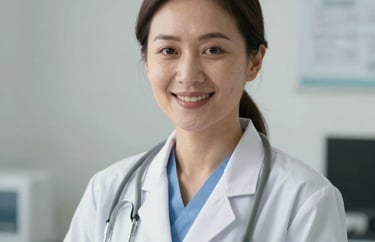 Professional portrait of a female doctor in her late 30s, Southeast Asian, wearing a white clinical coat and a stethoscope, smiling with a trustworthy expression in a bright clinic setting.