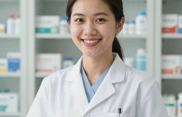 Portrait of a friendly Southeast Asian pharmacy assistant in a professional uniform, smiling warmly, soft-focus background of a clean medicine cabinet.