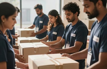 An image of a group of diverse South Asian volunteers working together to pack aid boxes, sunlight streaming through a large window.