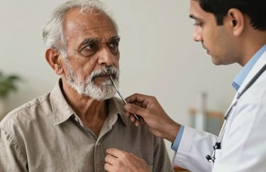A portrait of a South Asian elderly man receiving a medical checkup from a kind doctor, focusing on the respectful interaction and trust.
