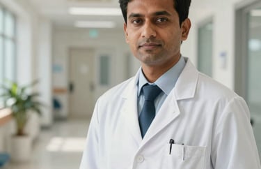 A professional headshot of a South Asian male physician in a white medical coat, standing in a clean, modern clinic hallway, soft morning light.