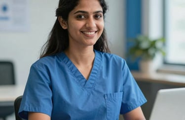 A professional portrait of a South Asian woman working as a social worker, smiling warmly in a bright office with blue and white accents.