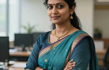 A professional portrait of a South Asian social worker in a modern office, wearing a traditional yet professional outfit, looking confident.