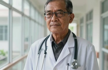 Portrait of a senior male doctor in West Kalimantan, wearing professional medical attire and a stethoscope, in a bright hospital corridor with glass walls.