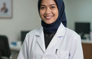 Professional portrait of an Indonesian female doctor in West Kalimantan, smiling warmly, wearing a white doctor coat in a modern medical office setting.