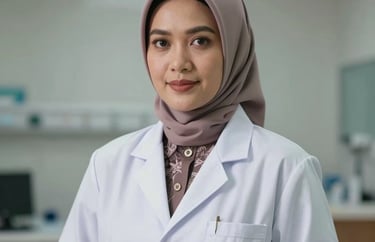 Professional portrait of a female physician in West Kalimantan wearing a white lab coat over formal attire, looking confident in a clean medical facility background.