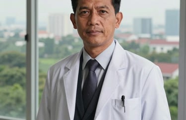 Portrait of a male doctor in West Kalimantan, wearing a formal suit and white coat, standing in front of a window overlooking a green urban landscape.