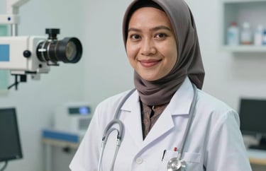 Professional portrait of a female medical practitioner in West Kalimantan, smiling, in a brightly lit clinic environment with blurred medical equipment.