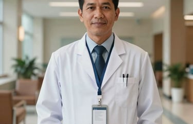 Portrait of a medical specialist in West Kalimantan, standing in a brightly lit modern hospital lobby, wearing a professional white coat and lanyard.