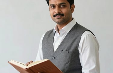A portrait of a male teacher in an Indian school setting, holding a book and standing near a whiteboard. Modern, professional attire.