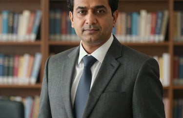 Professional portrait of Shareef Akhtar, a South Asian man in his 40s wearing a suit, standing in a school office setting with bookshelves in the background.