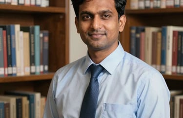 Portrait of a South Asian male educator in a library, surrounded by books. He is wearing a professional shirt and tie.