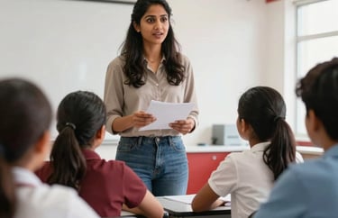 A candid shot of a South Asian female teacher explaining a concept to students in a bright, modern classroom with white walls and red accents.