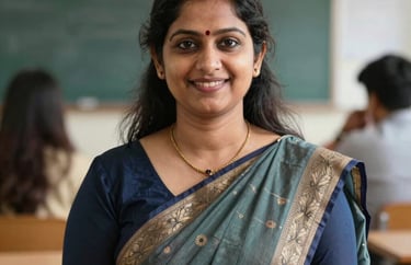 A professional portrait of a South Asian female faculty member in a modern classroom, smiling warmly. She wears formal attire suitable for an Indian educational institution.
