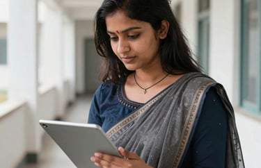 A female educator in a South Asian school setting, interacting with a tablet in a bright, white-walled corridor.