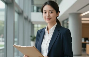 A professional portrait of a research coordinator in a modern North American academic setting. They are holding a folder, standing in a brightly lit hallway with architectural glass and grey accents.
