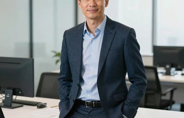 A professional portrait of an economic development specialist in a bright, modern US office. They are leaning against a clean white desk, looking professional and trustworthy. The lighting is natural and even.
