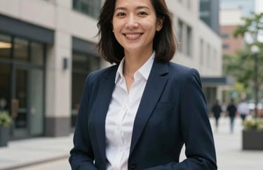 A professional portrait of a community outreach manager in a modern US urban setting. They are outdoors with modern architecture in the background, projecting a sense of community connection and professionalism.