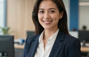 A professional headshot of a female health data analyst in a contemporary North American corporate environment. She is smiling confidently, dressed in professional attire. The background features light wood and blue accents.