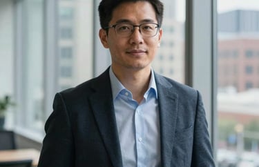A professional portrait of a tech innovation lead in a modern US office. They are standing near a window with urban architecture in the background. The lighting is crisp and professional, emphasizing a forward-thinking mood.