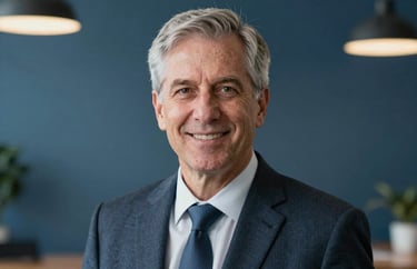 A sharp, professional headshot of a senior trustee in a modern North American office with slate blue background tones.