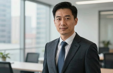 Professional headshot of an executive in a bright, modern office space in a US city. High-end photography style.