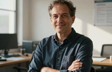 Candid professional portrait of a philanthropist in a sunlit workspace, reflecting commitment and integrity.