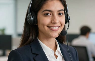 Portrait of a young South American female communications specialist, bright and professional look, blurred office background.
