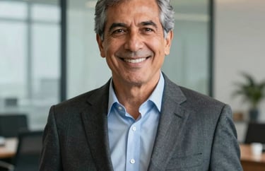 Professional portrait of a senior South American event director in business attire, smiling confidently in a modern glass-walled office background.