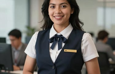 Portrait of a South American woman who is a professional venue manager, looking friendly and efficient, modern office setting.