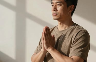 A North American practitioner in a serene indoor setting with soft shadows, wearing earthy tones, expressing a sense of quiet authenticity and practice.
