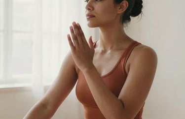 A North American individual in a peaceful pose in a bright room, soft natural light, warm terracotta and soil brown tones, feeling of empowerment and dignity.