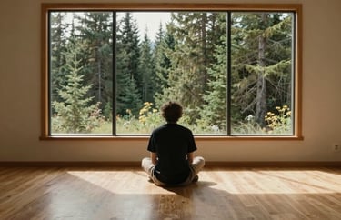 Photography of a person sitting in a quiet, spacious room with a view of a Canadian evergreen forest, soft sunlight, soil brown and light beige color palette.