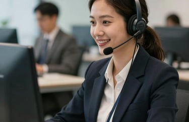 A professional portrait of a female fleet coordinator wearing a headset in a modern office, engaged in a conversation with a pleasant smile, North American setting.