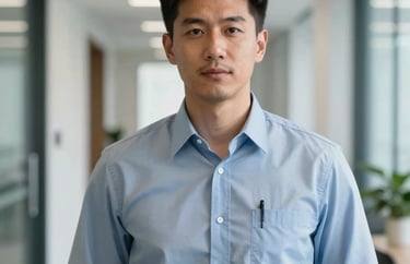 A portrait of a male logistics compliance officer in a professional collared shirt, standing in a bright US corporate corridor, looking professional and reassuring.