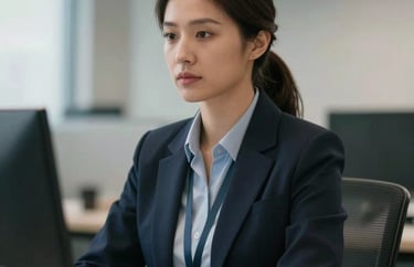 A portrait of a female technical systems manager in a professional office setting, looking focused and capable, North American context.