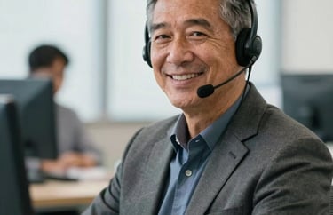 A professional portrait of a male senior dispatcher in a North American corporate setting, wearing a headset and smiling confidently, high-key lighting.