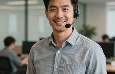 A portrait of a male client relations lead in a North American office setting, looking approachable and reliable in business casual attire.